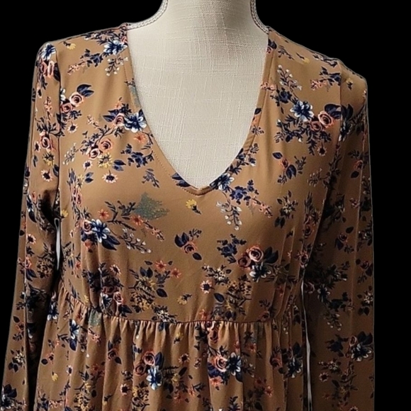 NWT True Craft Tan Floral Dress with Blue and Yellow Accents - Picture 2 of 3